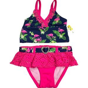 Lemon Kiss Navy Pink Flamingo Tropical Green Leaves Floral Bikini Girls‎ 12M